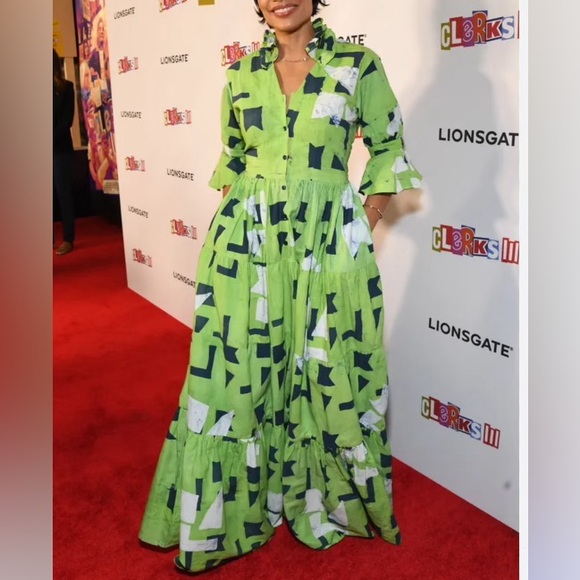 Studio 189 | Green Geo Cotton Ruffle Tiered Long Dress - Picture 4 of 11